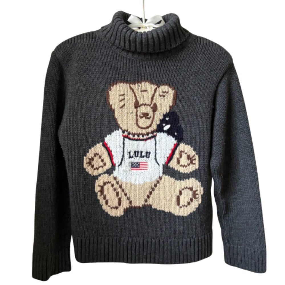 Vintage Lulu Dark Gray Knit Turtleneck with Bear Wearing USA Flag